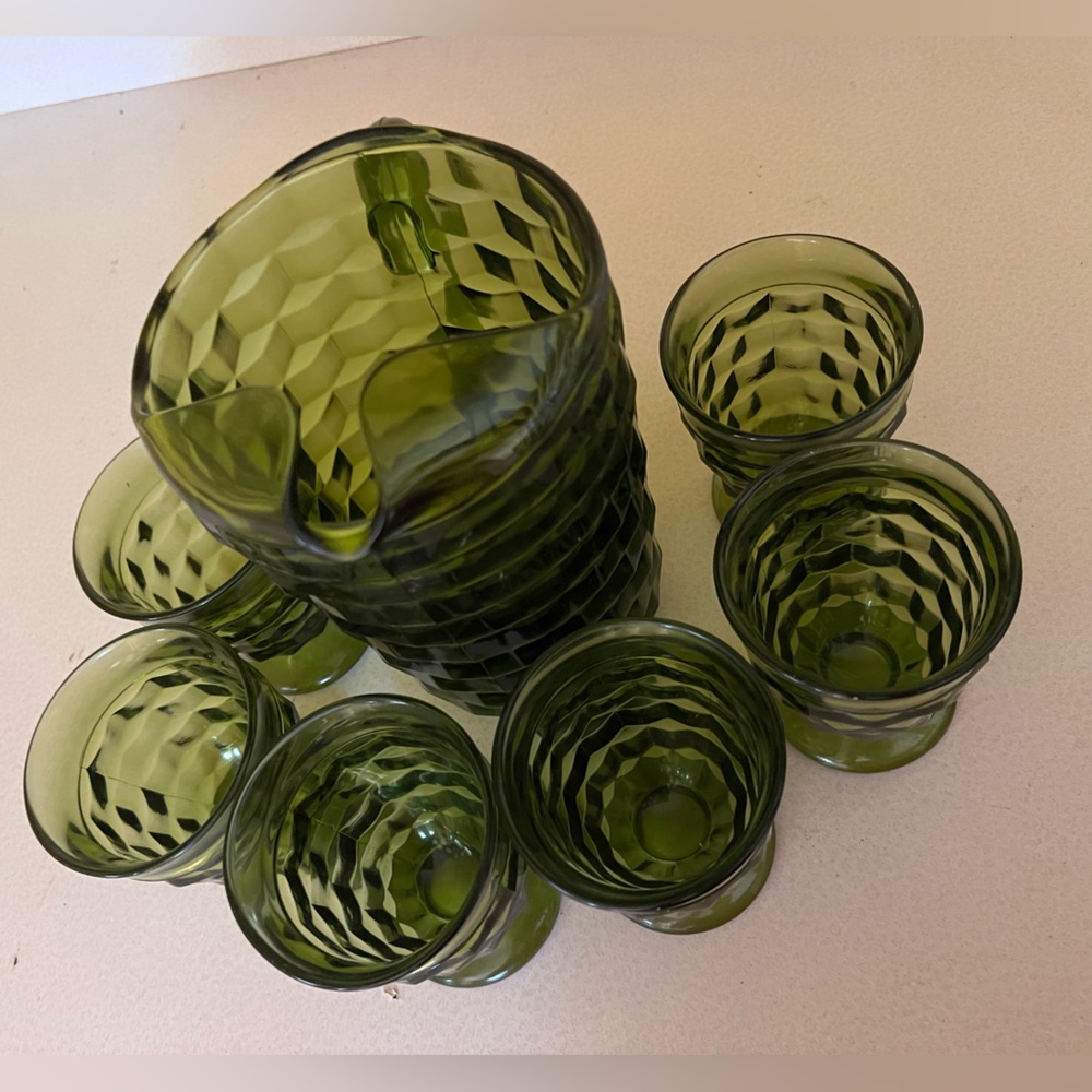 Vintage Avocado Green Cubist Pitcher Whitehall Indiana Glass